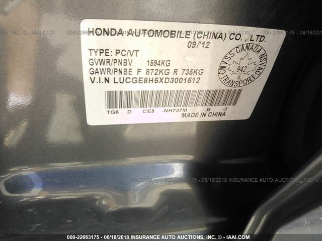 LUCGE8H5XD3001512 - 2013 HONDA FIT LX GRAY photo 9