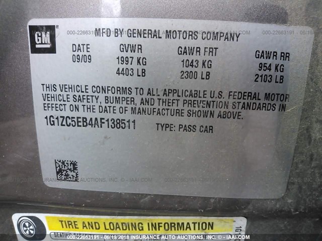 1G1ZC5EB4AF138511 - 2010 CHEVROLET MALIBU 1LT Pewter photo 9
