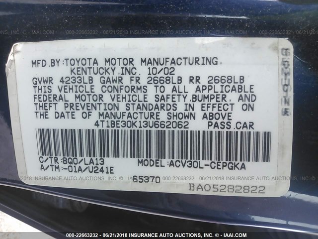 4T1BE30K13U662062 - 2003 TOYOTA CAMRY LE/XLE/SE 蓝色 照片 9