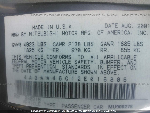 4A3AA46G12E016806 - 2002 MITSUBISHI GALANT ES/LS GRAY photo 9