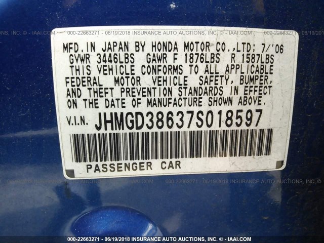 JHMGD38637S018597 - 2007 HONDA FIT S BLUE photo 9