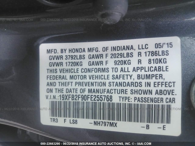 19XFB2F90FE255768 - 2015 HONDA CIVIC EXL GRAY photo 9