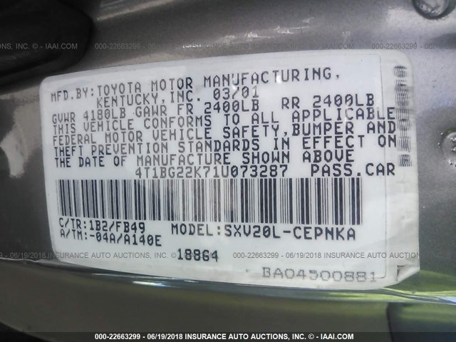4T1BG22K71U073287 - 2001 TOYOTA CAMRY CE/LE/XLE GRAY photo 9