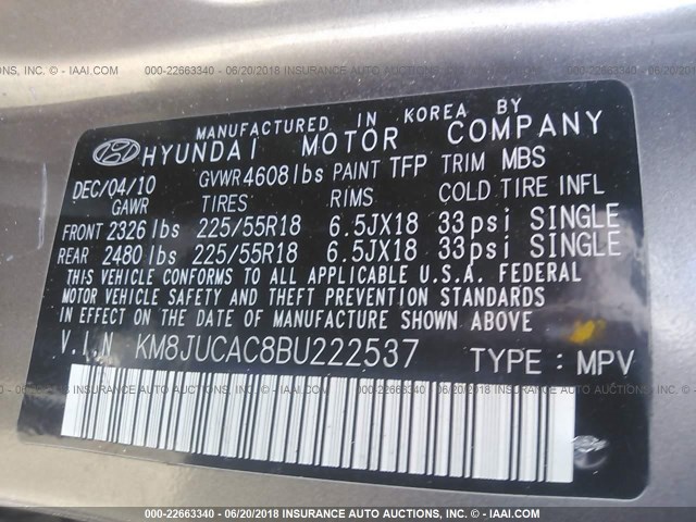 KM8JUCAC8BU222537 - 2011 HYUNDAI TUCSON GLS/LIMITED 金色 照片 9