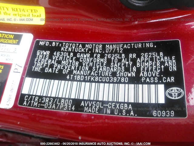 4T1BD1FK8CU039780 - 2012 TOYOTA CAMRY HYBRID/LE/XLE RED photo 9