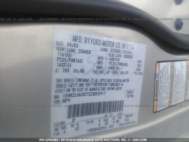 1FMZU63K73ZB05917 - 2003 FORD EXPLORER XLT/XLT SPORT/NBX 银色 照片 9