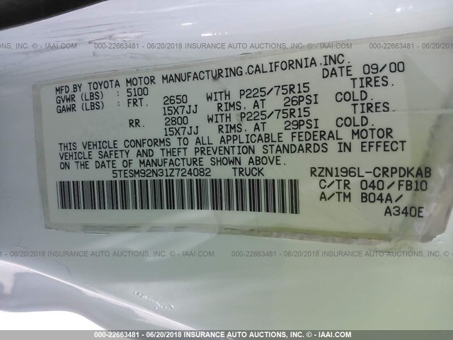 5TESM92N31Z724082 - 2001 TOYOTA TACOMA XTRACAB PRERUNNER 白色 照片 9