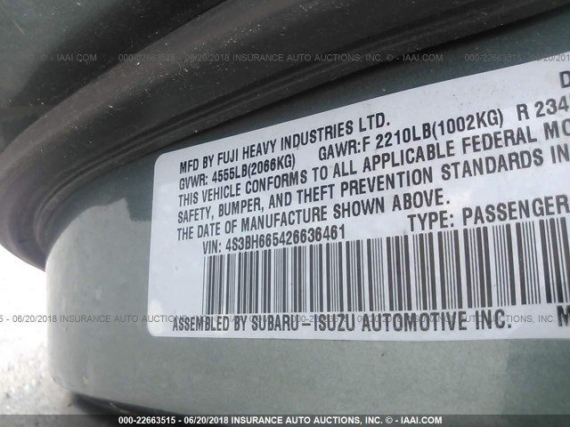 4S3BH665426636461 - 2002 SUBARU LEGACY OUTBACK GREEN photo 9