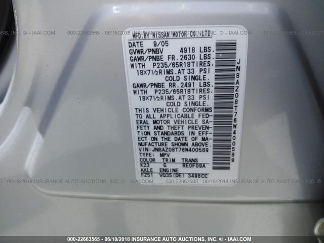 JN8AZ08T76W400589 - 2006 NISSAN MURANO SL/SE/S SILVER photo 9