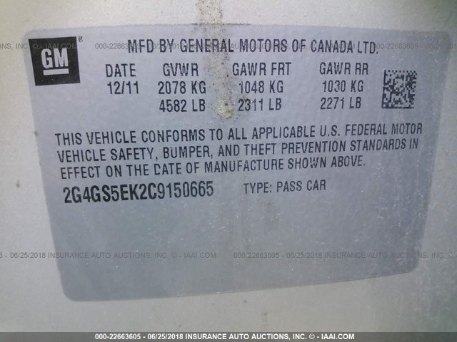 2G4GS5EK2C9150665 - 2012 BUICK REGAL PREMIUM TAN photo 9