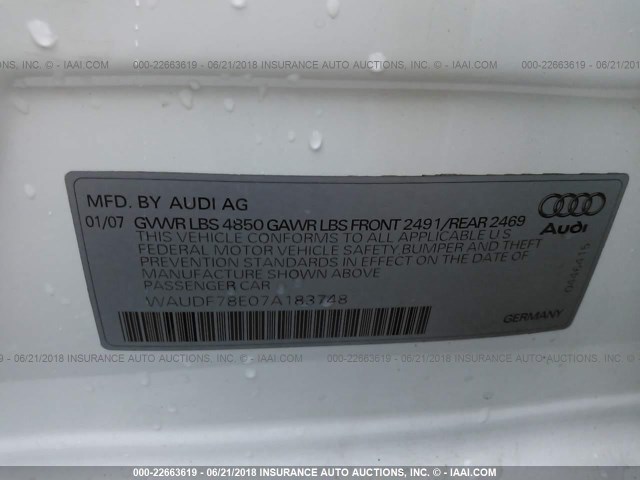 WAUDF78E07A183748 - 2007 AUDI A4 2.0T QUATTRO WHITE photo 9