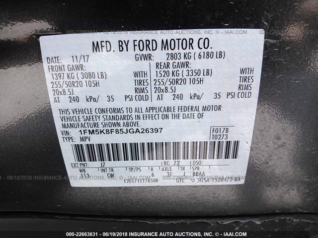 1FM5K8F85JGA26397 - 2018 FORD EXPLORER LIMITED GRAY photo 9