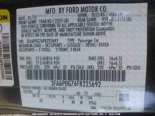 3FA6P0G76FR225692 - 2015 FORD FUSION S GRAY photo 9