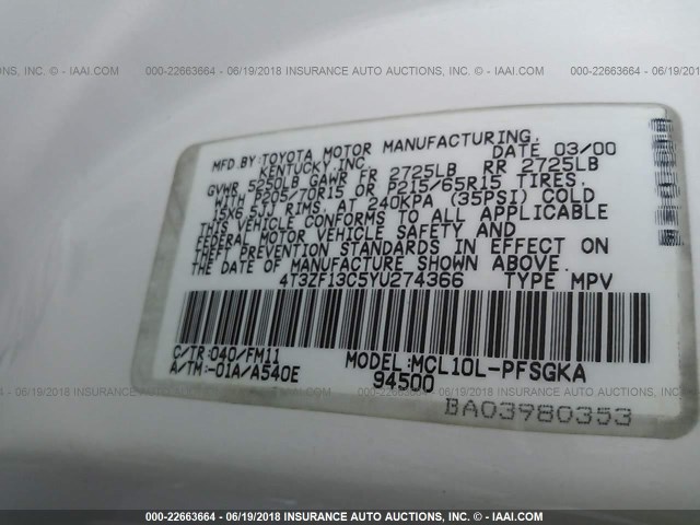 4T3ZF13C5YU274366 - 2000 TOYOTA SIENNA LE/XLE WHITE photo 9