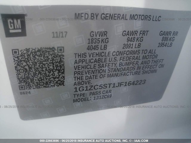 1G1ZC5ST1JF164223 - 2018 CHEVROLET MALIBU LS Ağ foto 9