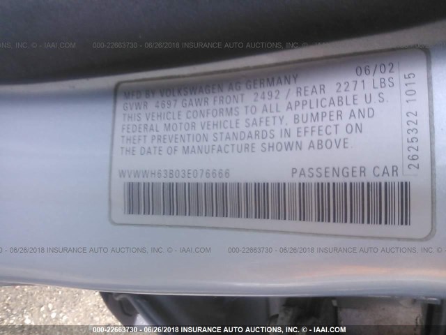 WVWWH63B03E076666 - 2003 VOLKSWAGEN PASSAT GLX ვერცხლისფერი ფოტო 9