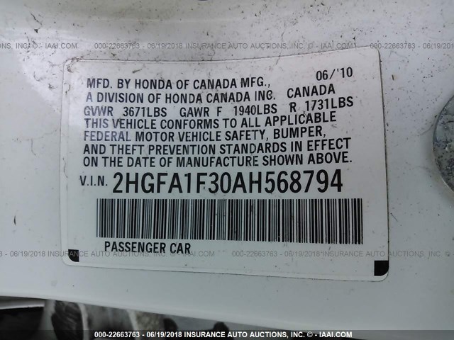 2HGFA1F30AH568794 - 2010 HONDA CIVIC VP WHITE photo 9