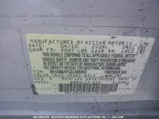 3N1AB6AP5AL686802 - 2010 NISSAN SENTRA 2.0/2.0S/SR/2.0SL SILVER photo 9