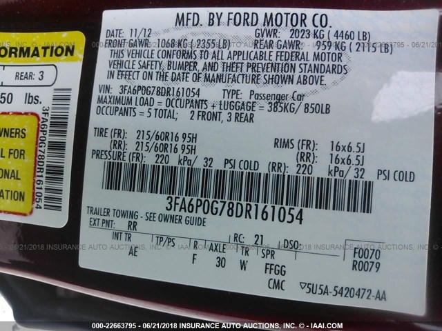 3FA6P0G78DR161054 - 2013 FORD FUSION S MAROON photo 9