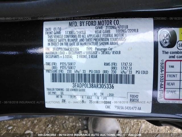 3FADP0L38AR305336 - 2010 FORD FUSION HYBRID BLACK photo 9