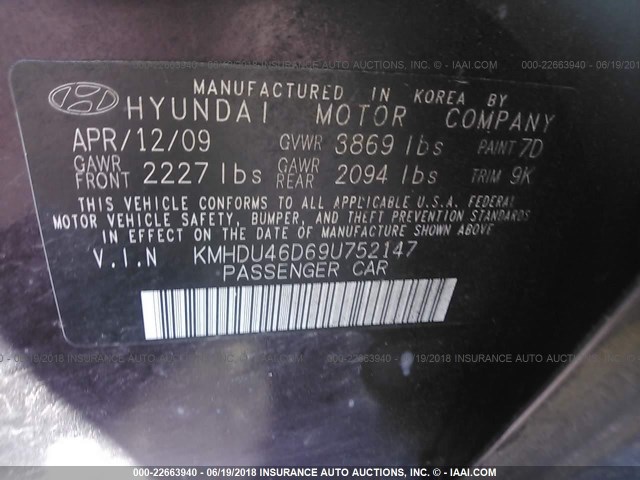 KMHDU46D69U752147 - 2009 HYUNDAI ELANTRA GLS/SE RED photo 9