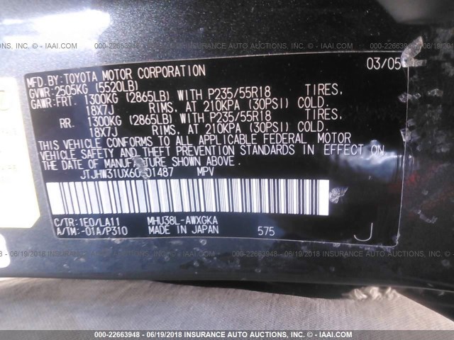 JTJHW31UX60001487 - 2006 LEXUS RX 400 GRAY photo 9