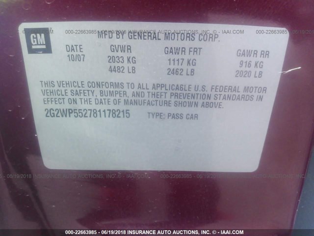 2G2WP552781178215 - 2008 PONTIAC GRAND PRIX MAROON photo 9