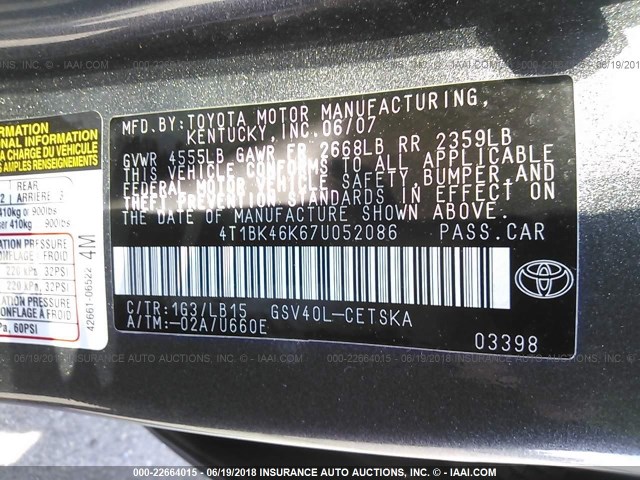 4T1BK46K67U052086 - 2007 TOYOTA CAMRY NEW GENERAT LE/XLE/SE GRAY photo 9