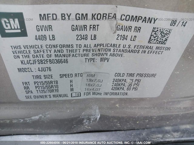 KL4CJFSB2FB036646 - 2015 BUICK ENCORE CONVENIENCE GRAY photo 9