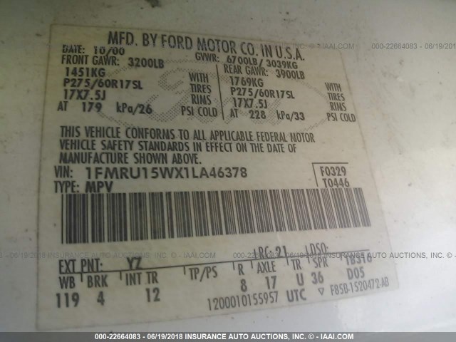 1FMRU15WX1LA46378 - 2001 FORD EXPEDITION XLT WHITE photo 9