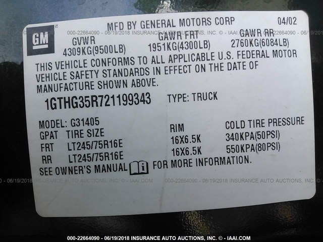 1GTHG35R721199343 - 2002 GMC SAVANA G3500 GREEN photo 9