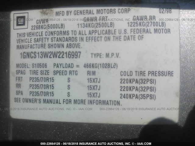 1GNCS13W2W2216997 - 1998 CHEVROLET BLAZER GOLD photo 9