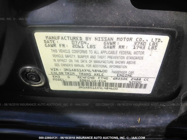 3N1AB51AX4L484600 - 2004 NISSAN SENTRA 2.5S BLACK photo 9