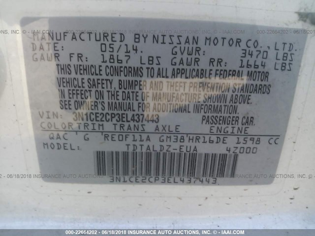 3N1CE2CP3EL437443 - 2014 NISSAN VERSA NOTE S/S PLUS/SV/SL WHITE photo 9