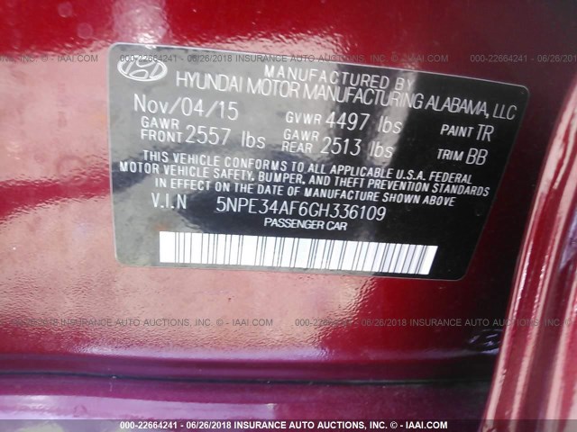 5NPE34AF6GH336109 - 2016 HYUNDAI SONATA SPORT/LIMITED RED photo 9