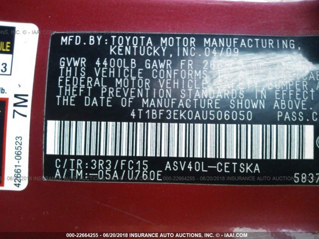 4T1BF3EK0AU506050 - 2010 TOYOTA CAMRY SE/LE/XLE RED photo 9