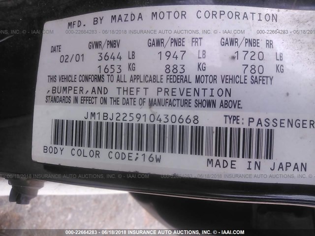 JM1BJ225910430668 - 2001 MAZDA PROTEGE LX/ES 白色 照片 9