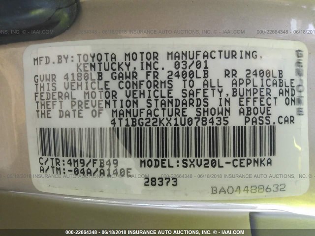 4T1BG22KX1U078435 - 2001 TOYOTA CAMRY CE/LE/XLE TAN photo 9