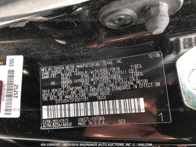 5TFCV54137X001191 - 2007 TOYOTA TUNDRA DOUBLE CAB SR5 BLACK photo 9