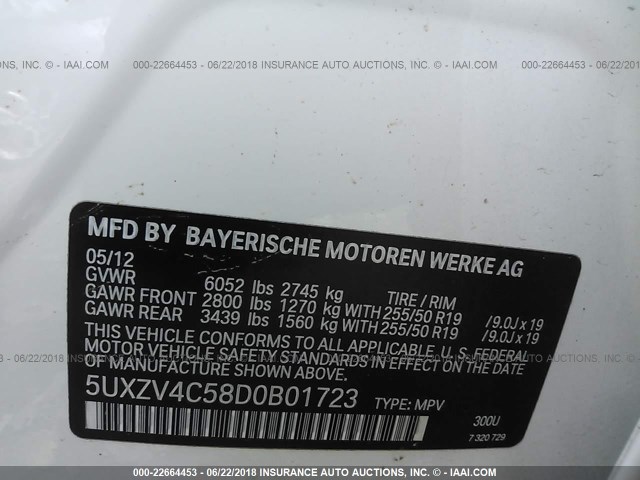 5UXZV4C58D0B01723 - 2013 BMW X5 XDRIVE35I WHITE photo 9