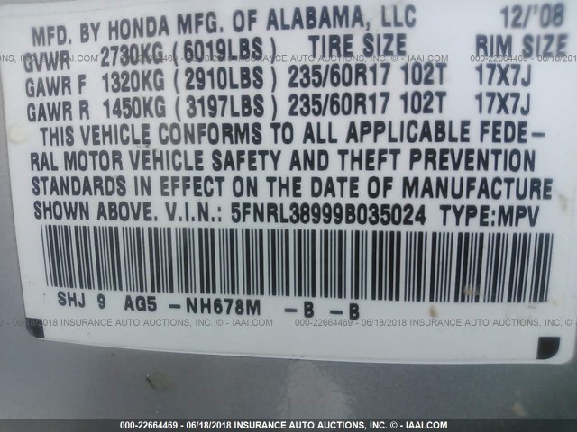 5FNRL38999B035024 - 2009 HONDA ODYSSEY TOURING SILVER photo 9