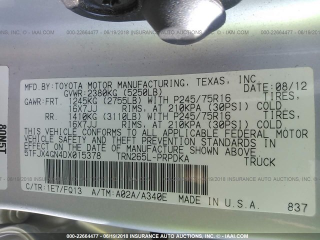 5TFJX4GN4DX015378 - 2013 TOYOTA TACOMA DOUBLE CAB SILVER photo 9