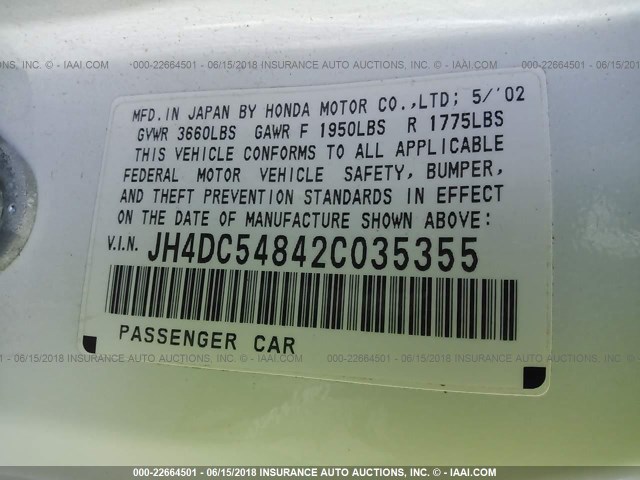 JH4DC54842C035355 - 2002 ACURA RSX WHITE photo 9