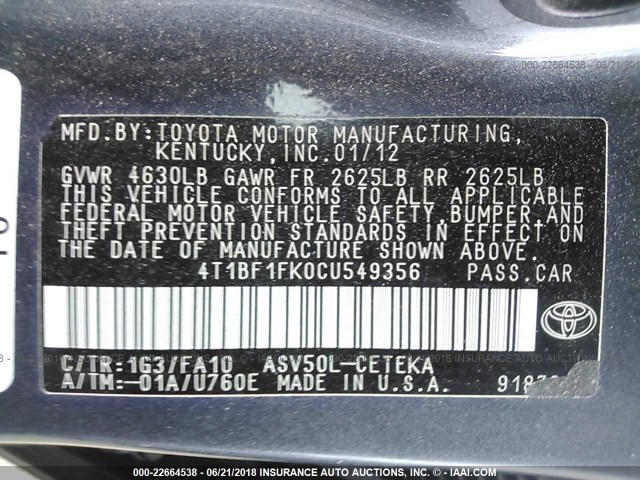 4T1BF1FK0CU549356 - 2012 TOYOTA CAMRY SE/LE/XLE 灰色 照片 9