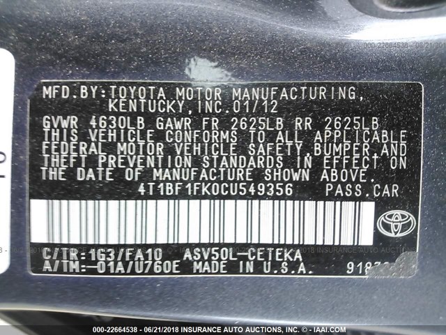 4T1BF1FK0CU549356 - 2012 TOYOTA CAMRY SE/LE/XLE GRAY photo 9