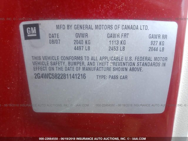 2G4WC582281141216 - 2008 BUICK LACROSSE CX RED photo 9