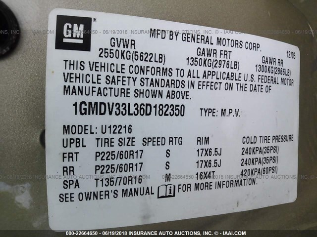 1GMDV33L36D182350 - 2006 PONTIAC MONTANA SV6 GOLD photo 9