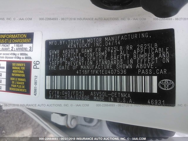 4T1BF1FK1EU407536 - 2014 TOYOTA CAMRY L/SE/LE/XLE თეთრი ფოტო 9