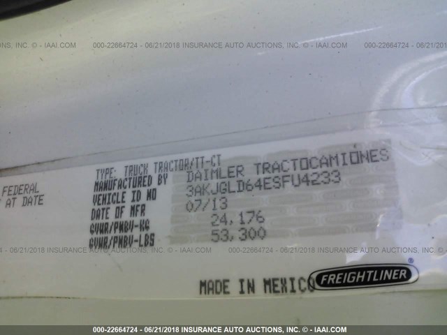 3AKJGLD64ESFU4233 - 2014 FREIGHTLINER CASCADIA 125  WHITE photo 10