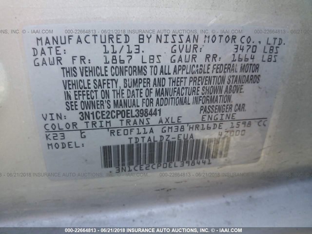 3N1CE2CP0EL398441 - 2014 NISSAN VERSA NOTE S/S PLUS/SV/SL SILVER photo 9